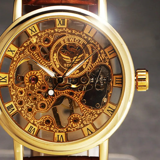Classic Luxury Gold Mechanical Hand Wind Wrist Watch Gift