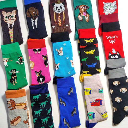 58 Style Cartoon Dog and Cat Theme Men Socks Cotton Novelty Funny Hip Hop Trend Street Skateboard Big Long Socks